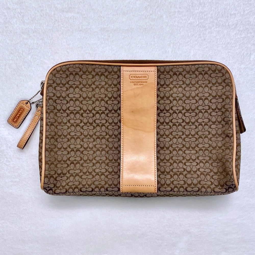 COACH Brown Signature/Tan Leather Large Pouch